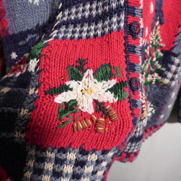 VTG Tiara Intl Ugly Christmas Sweater Cardigan Patchwork Nordic AOP Womens XL * - Picture 10 of 11
